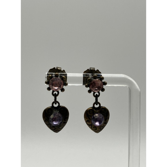 Pink Purple Rhinestones Bronze Heart Dangle .75 Inch Earrings Vintage! - Picture 3 of 5